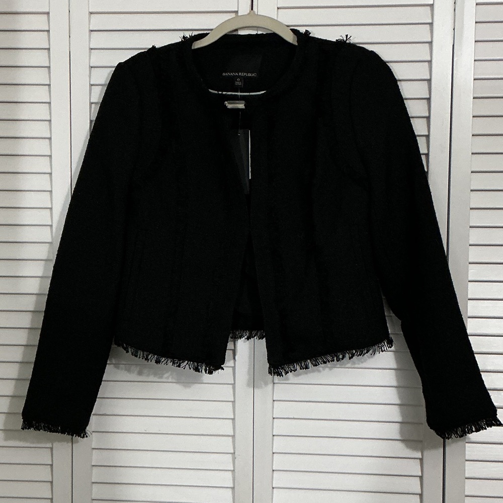 Banana Republic Black Fringe-Trim Open-Front Cropped Blazer